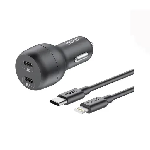 شارژر فندکی 40 وات بودی مدل Budi CC108RTLB با 2 خروجی USB-C به همراه کابل USB-C به لایتنینگ به طول 1.2 متر