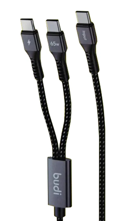 کابل شارژ کنفی یک به دو ‌USB-C به ‌USB-C بودی مدل Budi DC210C2C12B توان 65 وات طول 1.2 متر